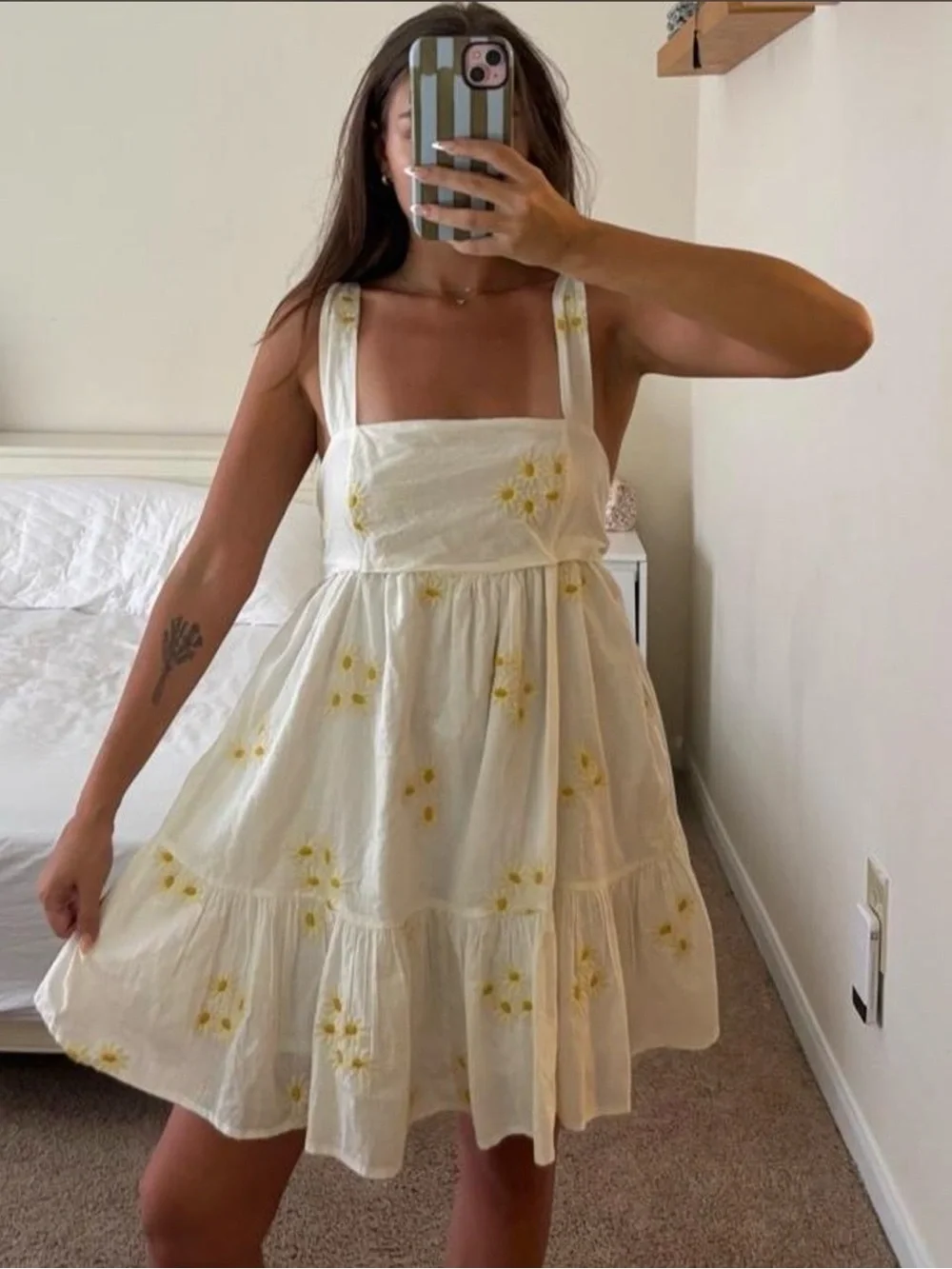 Urban Outfitters White Mini Dress with Yellow Floral Embroidery